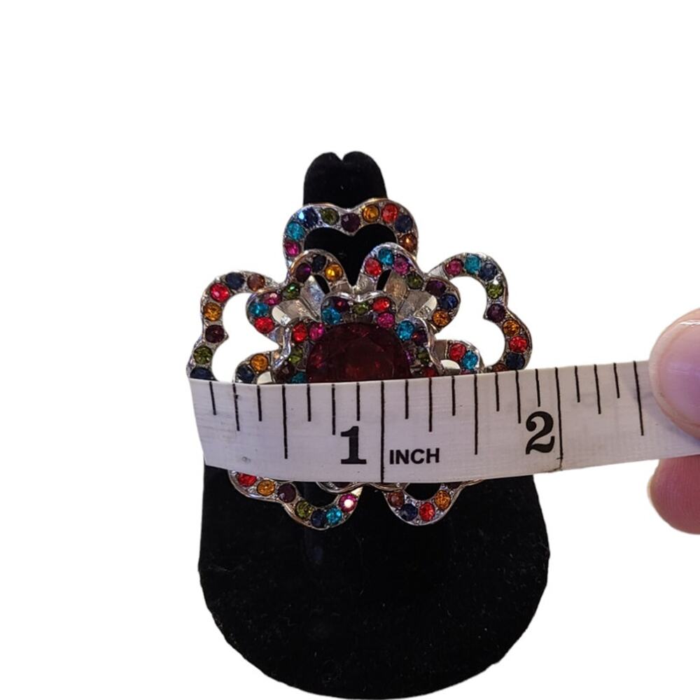 Rhinestone Flower Multicolor Statement Ring, Adju… - image 3